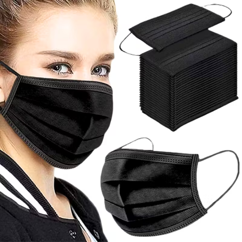 Black Disposable Face Masks, 3-Layer