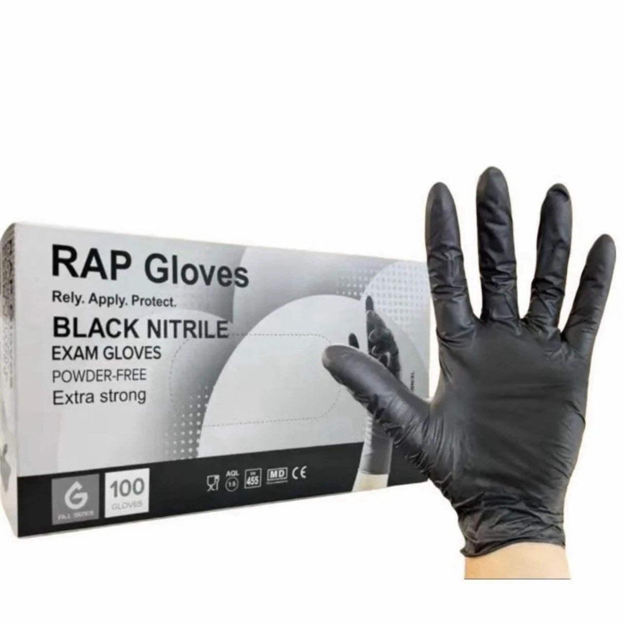 RAP Black Nitrile Disposable Gloves, Powder-Free, Box of 100